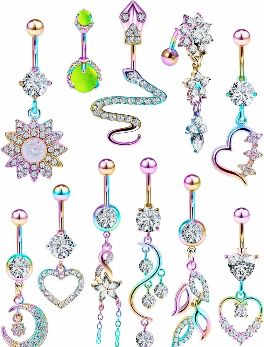 Prjndjw Prjndjw Belly Button Ring Dangle 14G Surgical Steel Belly Rings Pregnancy Belly Button Rings Belly Piercing Jewelry For Women 10Mm Snake Glow Cz Heart Silver Belly Button Rings 11Pcs Piercing Kit | Body Piercing Barbells