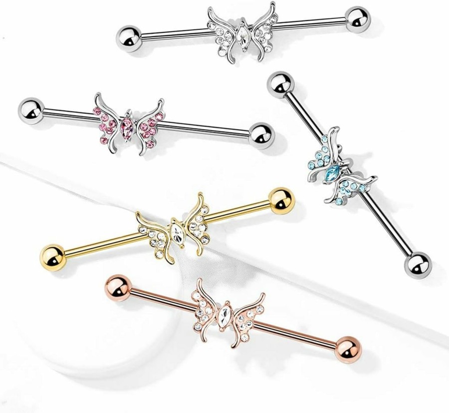 Amelia Fashion Amelia Fashion 14 Gauge Marquise Crystal Center Crystal Paved Butterfly 316L Surgical Steel Industrial Barbell (Choose Color) | Body Piercing Barbells