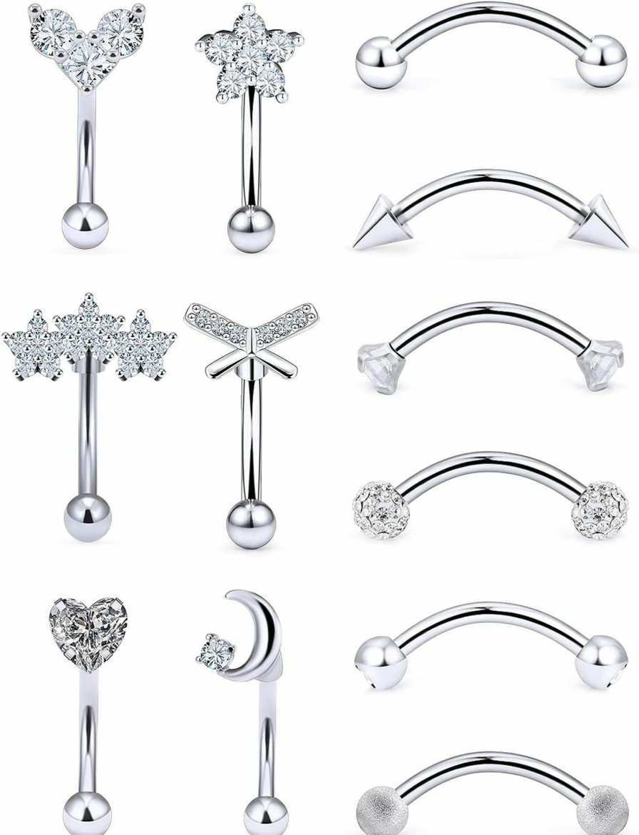 Vsnnsns Vsnnsns 16G Rook Daith Piercing Jewelry Surgical Steel 8Mm Curved Barbell Eyebrow Rings Cartilage Helix Tragus Belly Lip Rings Cz Piercing Jewelry Kit Daith Rook Earrings For Women Men 12Pcs | Body Piercing Barbells