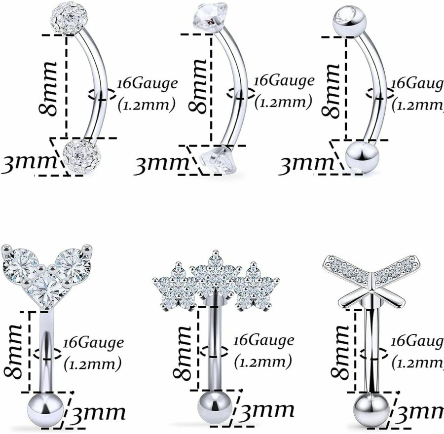 Vsnnsns Vsnnsns 16G Rook Daith Piercing Jewelry Surgical Steel 8Mm Curved Barbell Eyebrow Rings Cartilage Helix Tragus Belly Lip Rings Cz Piercing Jewelry Kit Daith Rook Earrings For Women Men 12Pcs | Body Piercing Barbells