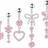 BSJ4U Bsj4U Belly Button Ring Dangle Navel Belly Piercing Jewelry Cute Pink Cz Heart Butterfly Bow Flower Navel Belly Rings For Women 14G Silver Stainless Steel Dainty Dangly Dangling Belly Button Piercing | Body Piercing Barbells