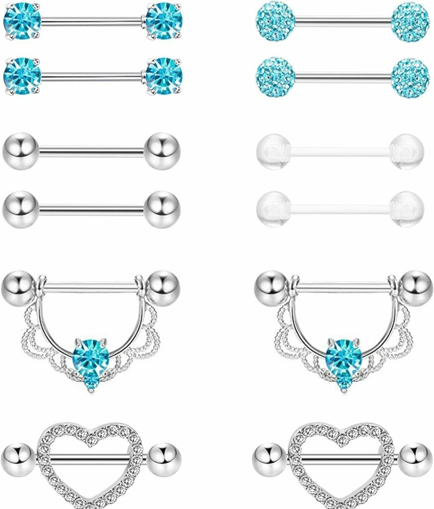 Masedy Masedy 6 Pairs 14G 316L Stainless Steel Nipplerings Nipple Tongue Rings Women Girls Cz Barbell Body Piercing Jewelry | Body Piercing Barbells