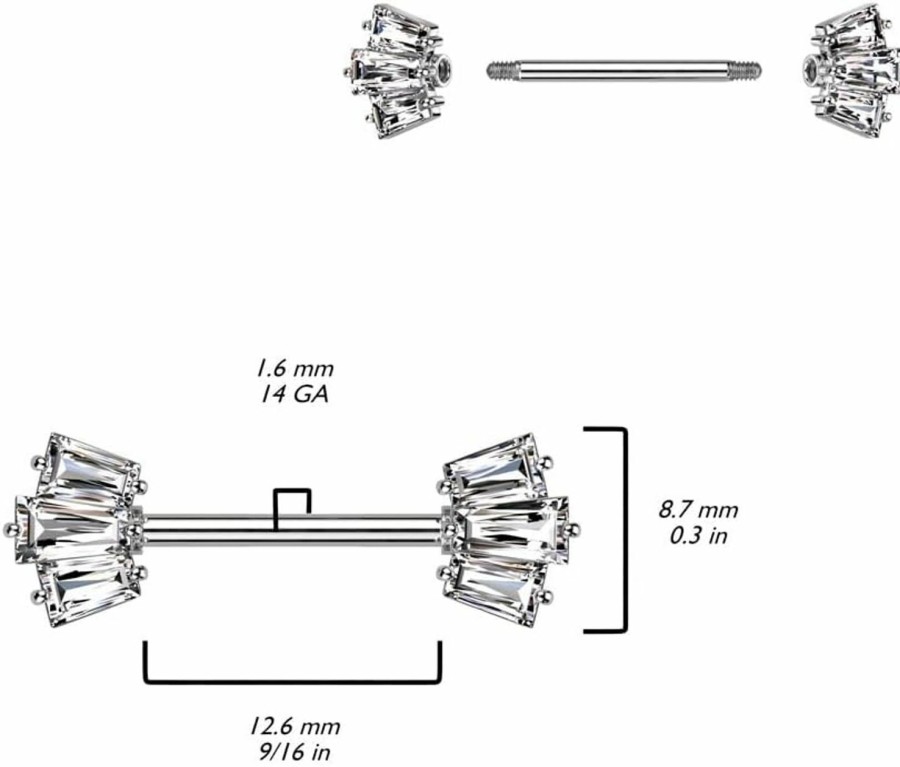 Pierced Owl 14Ga 316L Stainless Steel Cz Crystal Baguette Crown Ends Nipple Barbells, Sold As A Pair (Gold Tone) | Body Piercing Barbells