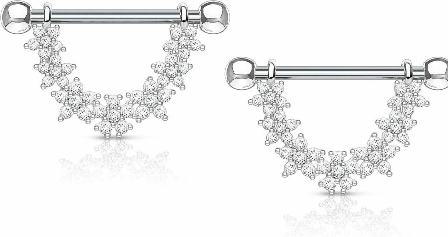 Forbidden Body Jewelry Forbidden Body Jewelry Pair Of Surgical Steel 9/16 Inch (14Mm) Cz Flower Daisy Chain Dangle Nipple Barbells | Body Piercing Barbells