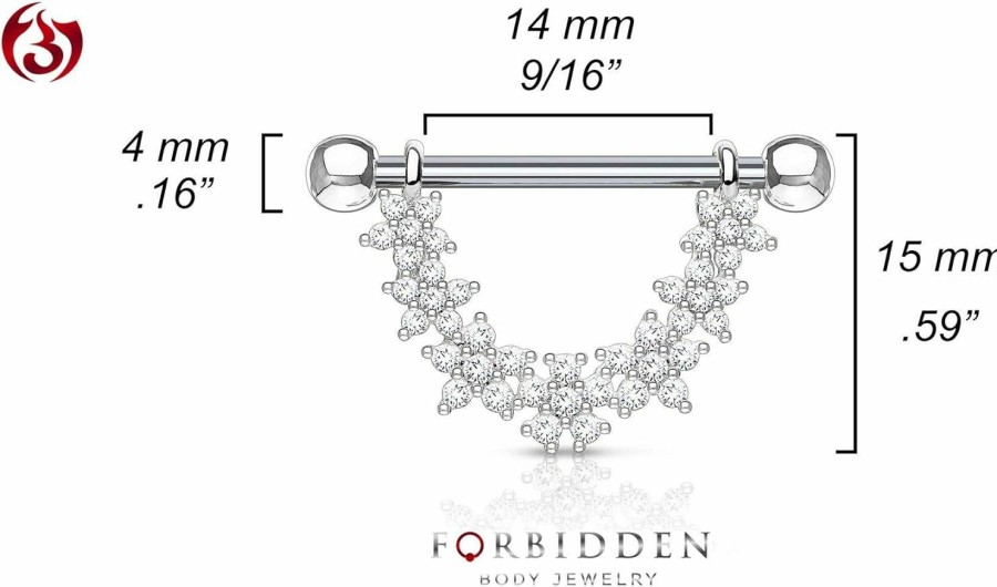 Forbidden Body Jewelry Forbidden Body Jewelry Pair Of Surgical Steel 9/16 Inch (14Mm) Cz Flower Daisy Chain Dangle Nipple Barbells | Body Piercing Barbells