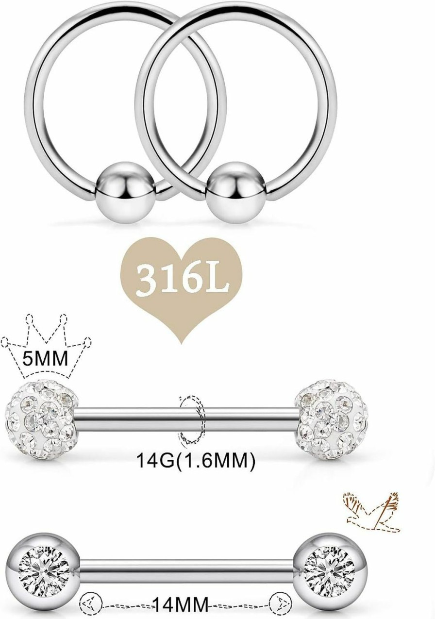 Oufksiyy Oufksiyy 12 Pairs Nipple Rings Elegant Cz Stone Nipple Barbell Piercing 316L Stainless Steel 14G Nipple Tongue Barbell Body Piercing Jewelry For Women Jewelry | Body Piercing Barbells