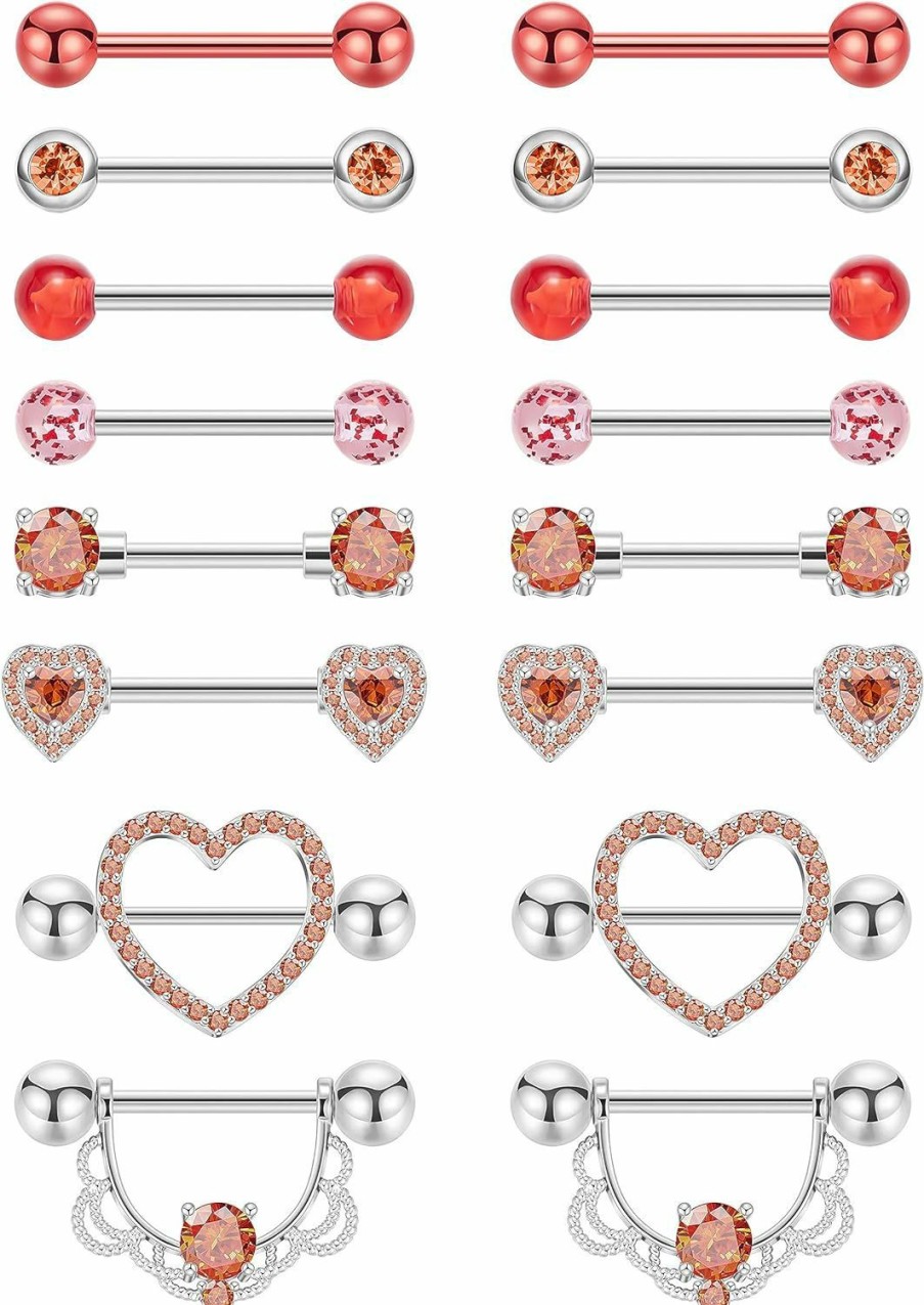 Vegolita Vegolita 8 Pairs 14G 316L Stainless Steel Nipple Rings For Women Girls Heart-Shape Nipple Rings Cz Barbell Nipplerings Piercing Jewelry | Body Piercing Barbells