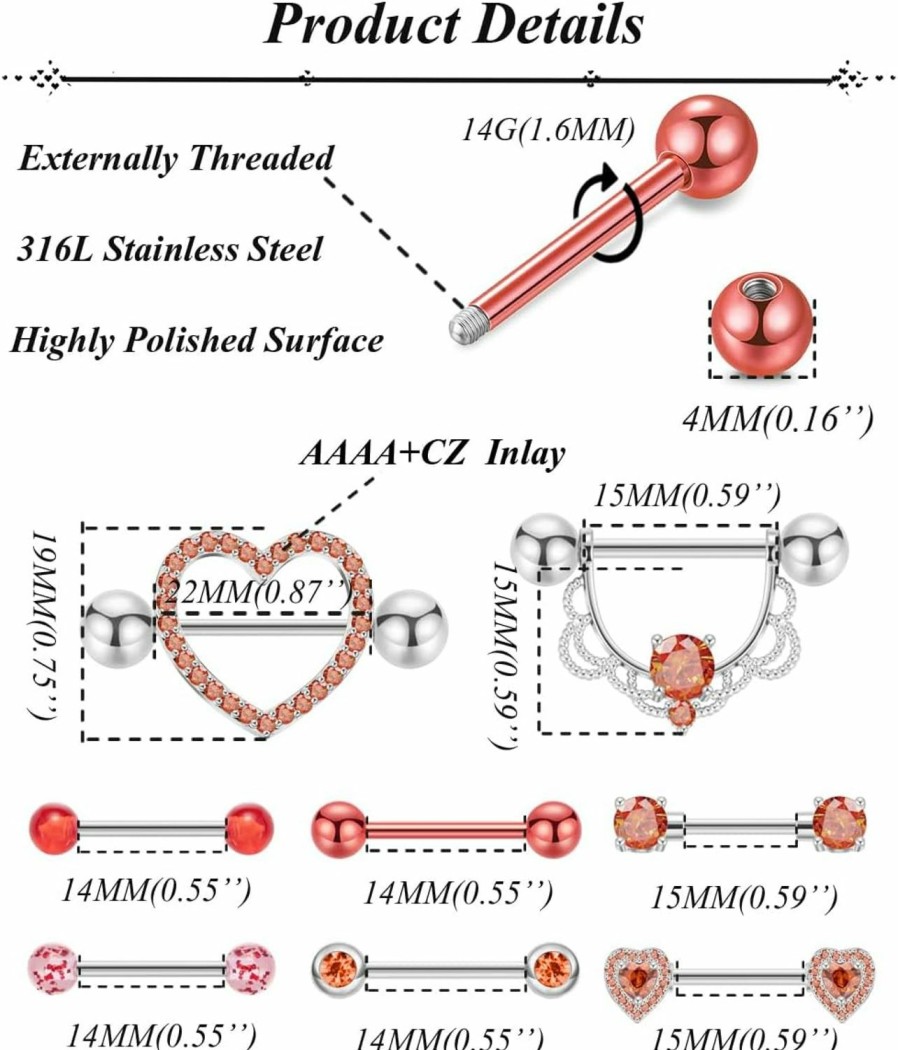 Vegolita Vegolita 8 Pairs 14G 316L Stainless Steel Nipple Rings For Women Girls Heart-Shape Nipple Rings Cz Barbell Nipplerings Piercing Jewelry | Body Piercing Barbells