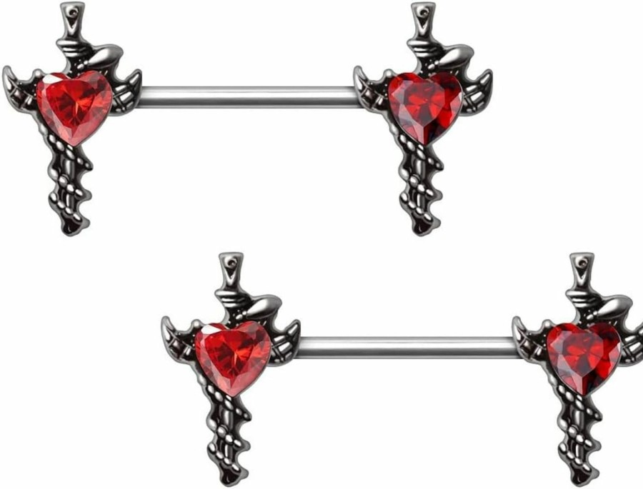 Pierced Owl Pierced Owl 14Ga 316L Stainless Steel Sword And Snake With Red Heart Gem Nipple Barbells, Sold As A Pair | Body Piercing Barbells