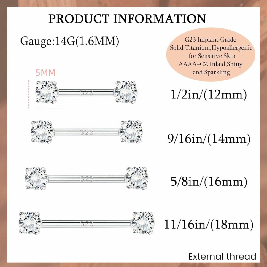 FIASASO Fiasaso 14G Nipple Rings G23 Titanium Internally Threaded Nipple Barbells Nipple Piercings Tongue Rings Cz Straight Nipple Bar For Women Men Nipple Piercing Jewelry 12Mm 14Mm 16Mm 18Mm | Body Piercing Barbells