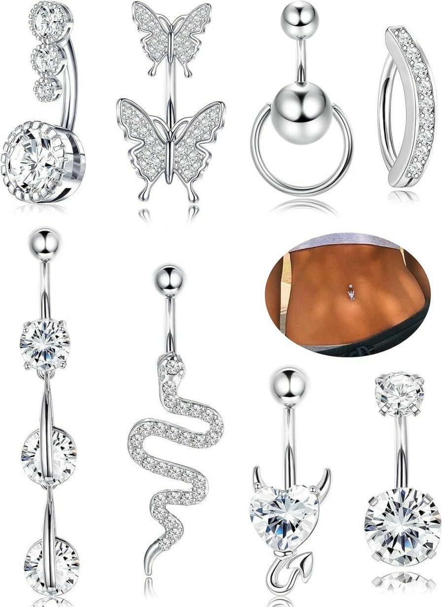 FIBO STEEL Fibo Steel Belly Button Rings For Women 316L Surgical Steel Dangle Belly Rings Cz Butterfly Heart Curved Reverse Navel Rings White Barbell Belly Piercing Jewelry 14G | Body Piercing Barbells