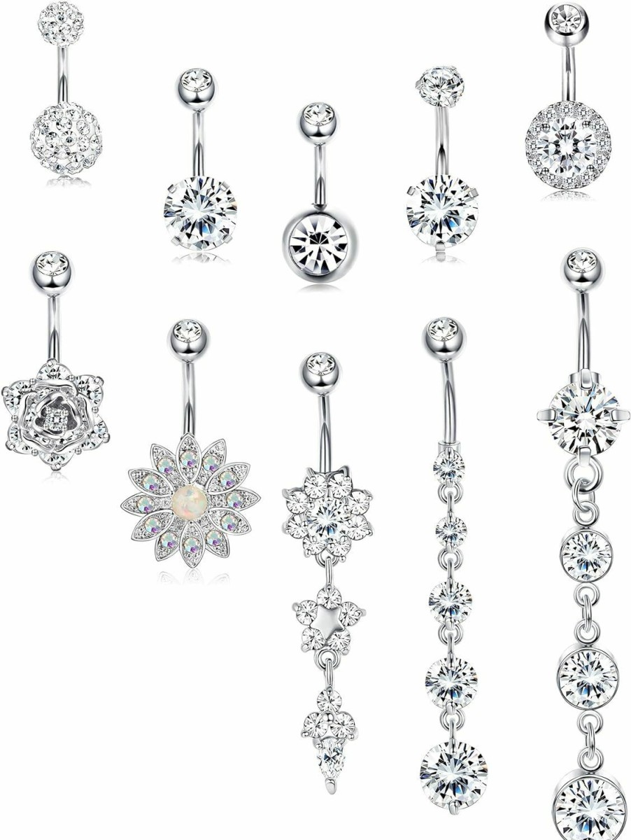 JOERICA Joerica 3-6Pcs 14G 316L Stainless Steel Belly Button Rings For Women Flower Cz Dangle Belly Button Rings Navel Piercing Jewelry | Body Piercing Barbells