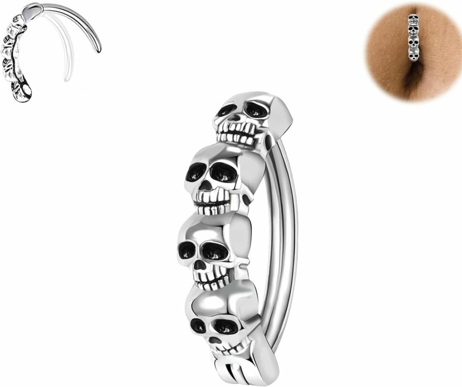 BodyAce Bodyace 925 Sterling Silver Skull Belly Button Rings, 14G Clicker Belly Barbell Navel Rings For Men Women, 16G Reverse Curved Punk Belly Piercing Jewelry | Body Piercing Barbells