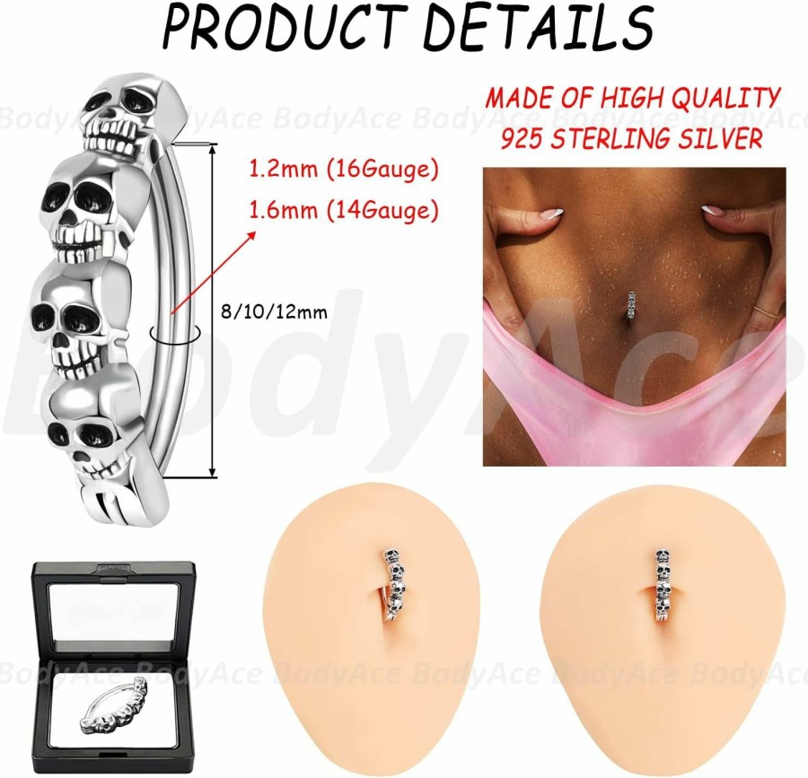 BodyAce Bodyace 925 Sterling Silver Skull Belly Button Rings, 14G Clicker Belly Barbell Navel Rings For Men Women, 16G Reverse Curved Punk Belly Piercing Jewelry | Body Piercing Barbells