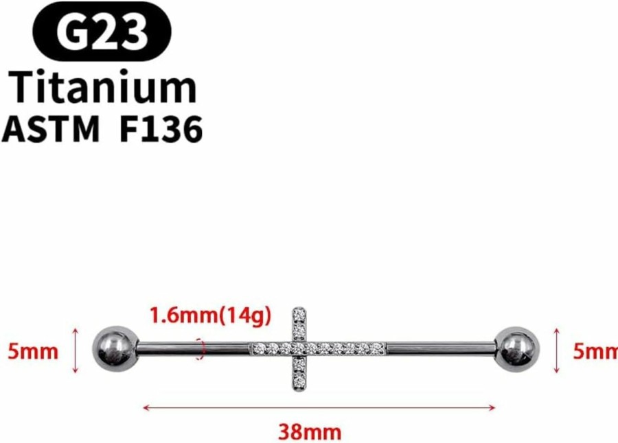 ZQGOFPT Zqgofpt Grade 23 Solid Titanium Industrial Barbell For Women Men With Cz Cross Surface Cartilage Earring Body Piercing Jewelry 1 1/2 Inch 38Mm | Body Piercing Barbells