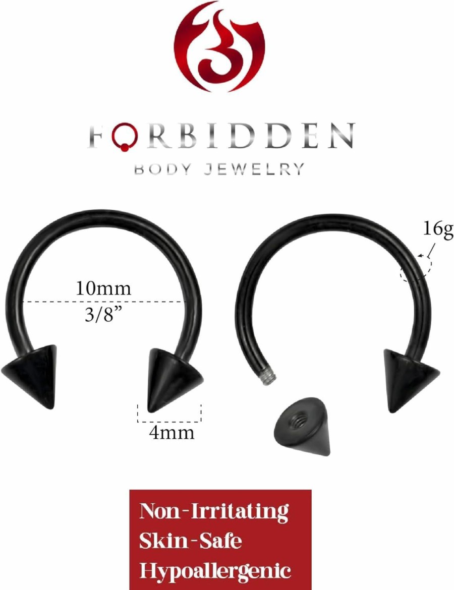 Forbidden Body Jewelry Forbidden Body Jewelry Set Of 2 Rings: 16G 10Mm Black Ip Plated Surgical Steel Spiked Horseshoe Hoop Rings | Body Piercing Barbells