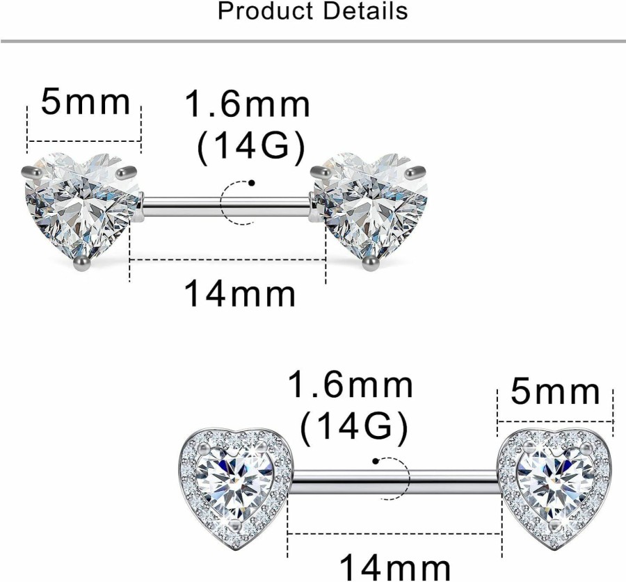 Lcolyoli Lcolyoli 14G Surgical Steel Nipple Rings Heart Nipple Shield Barbell Ring Bar Nipple Piercing Jewelry For Women Clear Diamond Cz Set | Body Piercing Barbells