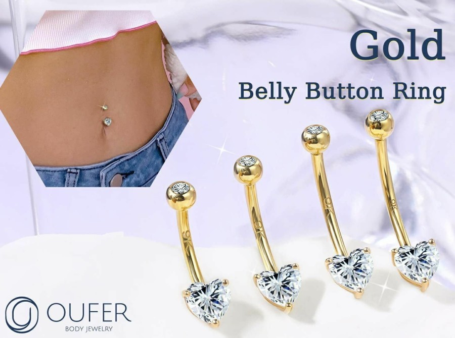 OUFER Oufer 14G Belly Rings, 9K Solid Gold Belly Button Rings, Heart Navel Rings, Internally Threaded Long Belly Piercing Jewelry For Women And Men | Body Piercing Barbells