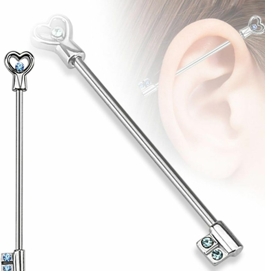 Pierced Owl Pierced Owl - 14Ga Stainless Steel Cz Crystal Heart Key Industrial Barbell | Body Piercing Barbells