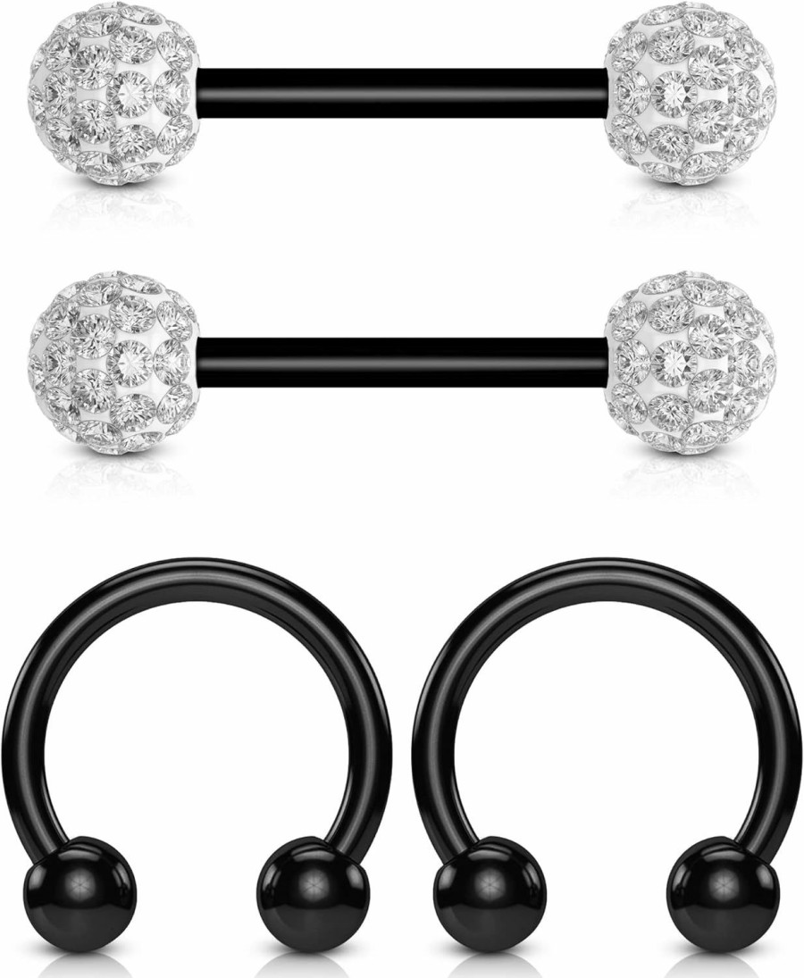 COCHARM Cocharm G23 Titanium Nipple Rings 14G White Black Blue Nipple Barbell Horseshoes Half Nipple Hoop Cute Small Diamond Paved Hypoallergenic Nipple Piercing | Body Piercing Barbells