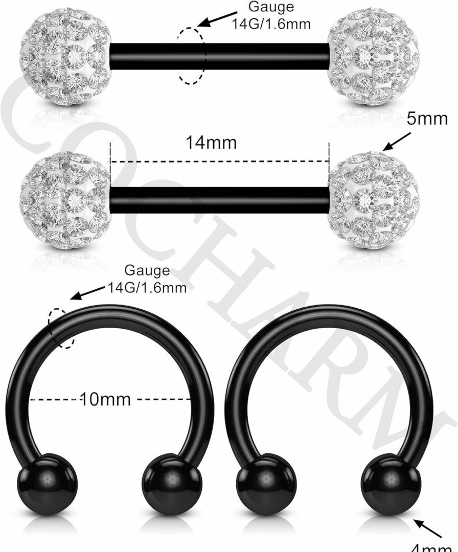 COCHARM Cocharm G23 Titanium Nipple Rings 14G White Black Blue Nipple Barbell Horseshoes Half Nipple Hoop Cute Small Diamond Paved Hypoallergenic Nipple Piercing | Body Piercing Barbells