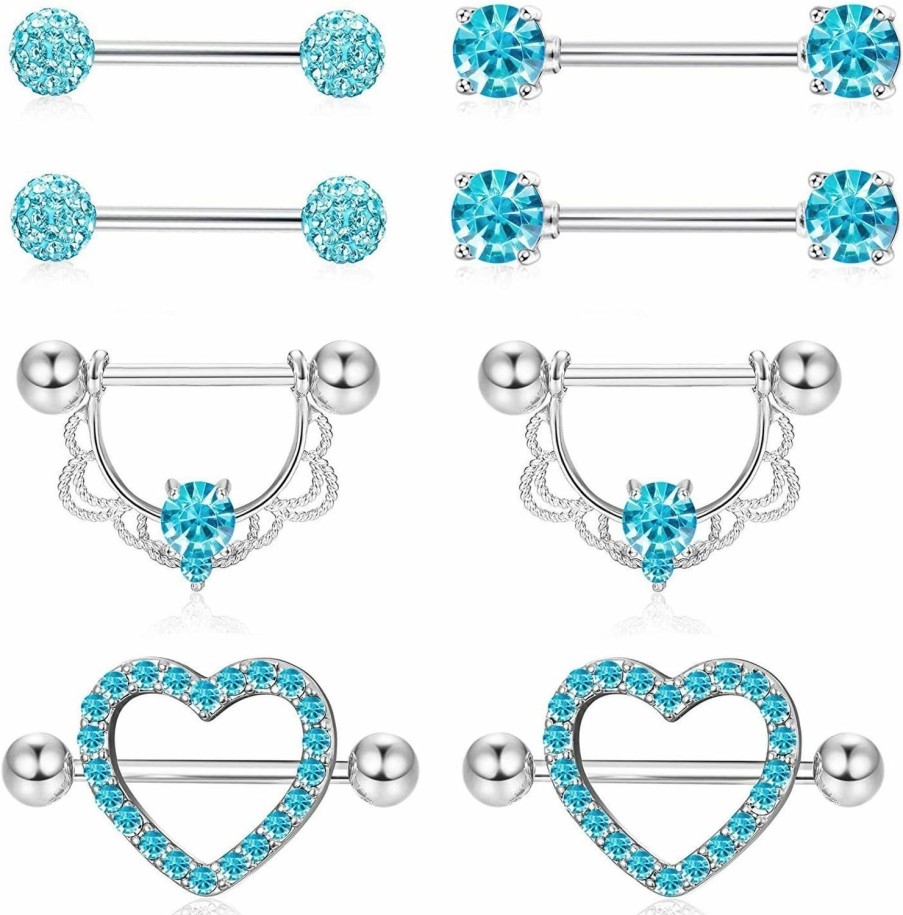 IrbingNii Irbingnii 4 Pairs Stainless Steel 14G Nipple Rings Blue Heart Nipple Piercings Jewelry Tongue Ring Body Piercing For Women Girls | Body Piercing Barbells