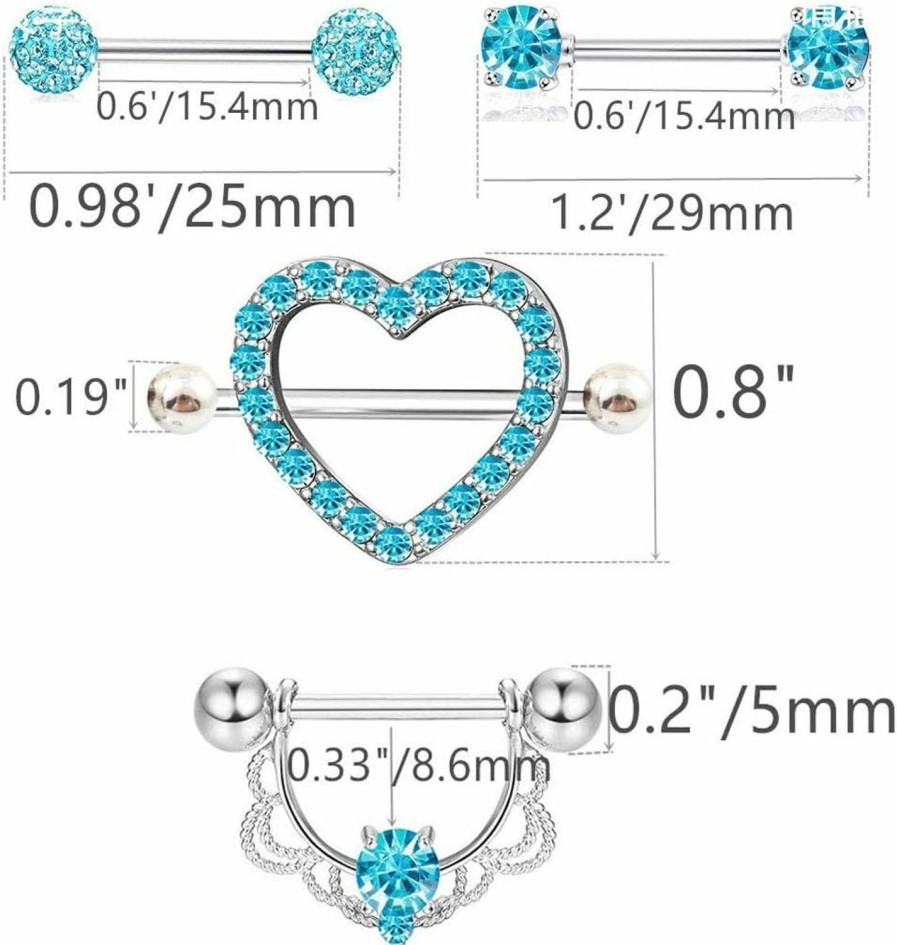 IrbingNii Irbingnii 4 Pairs Stainless Steel 14G Nipple Rings Blue Heart Nipple Piercings Jewelry Tongue Ring Body Piercing For Women Girls | Body Piercing Barbells