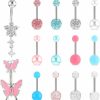 Yolev 14 Pcs Belly Button Ring Belly Rings For Women Surgical Piercing Stainless Steel Belly Ringsnavel Rings Butterfly Heart Devil Belly Button Piercing Jewelry For Women Pink Blue | Body Piercing Barbells