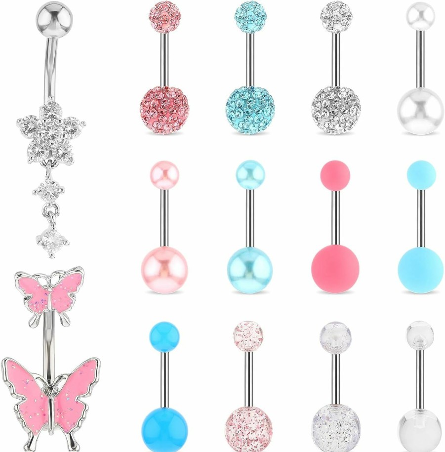 Yolev 14 Pcs Belly Button Ring Belly Rings For Women Surgical Piercing Stainless Steel Belly Ringsnavel Rings Butterfly Heart Devil Belly Button Piercing Jewelry For Women Pink Blue | Body Piercing Barbells