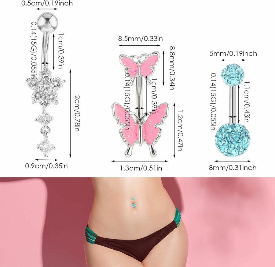 Yolev 14 Pcs Belly Button Ring Belly Rings For Women Surgical Piercing Stainless Steel Belly Ringsnavel Rings Butterfly Heart Devil Belly Button Piercing Jewelry For Women Pink Blue | Body Piercing Barbells