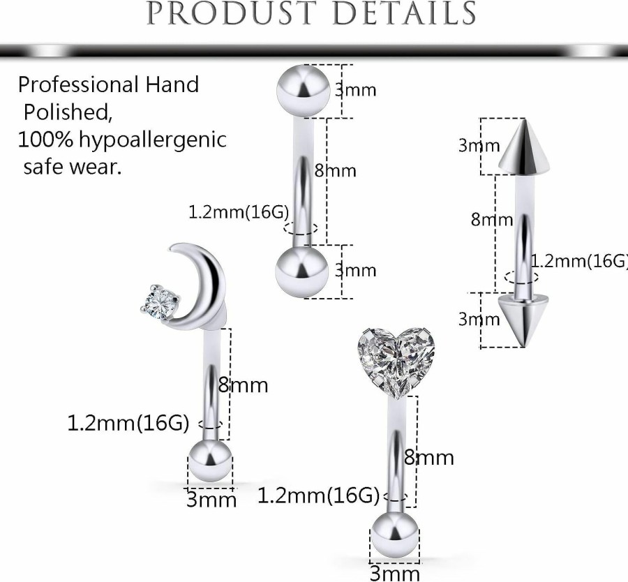 Hoeudjo Hoeudjo 12Pcs 16G Stainless Steel Rook Daith Earrings For Women Small Belly Rings Vertical Lip Stud Surface Tragus Body Piercing Jewelry Curved Barbell Eyebrow Rings For Men | Body Piercing Barbells