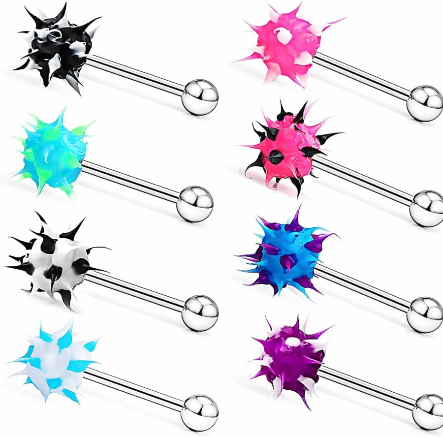 Prjndjw Prjndjw 14G Silicone Soft Spike Ball Tongue Rings Surgical Steel Tongue Rings Koosh Spiky Tongue Rings Body Piercing Jewelry For Women Men 8Pcs 16Mm | Body Piercing Barbells