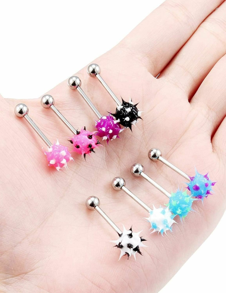 Prjndjw Prjndjw 14G Silicone Soft Spike Ball Tongue Rings Surgical Steel Tongue Rings Koosh Spiky Tongue Rings Body Piercing Jewelry For Women Men 8Pcs 16Mm | Body Piercing Barbells