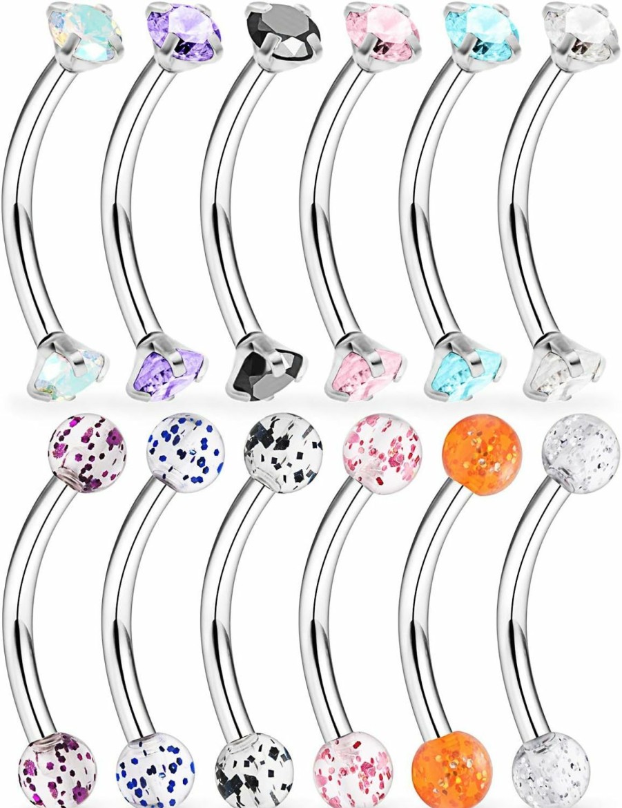 Lcolyoli Lcolyoli 12-18 Pcs 16G Surgical Steel Eyebrow Piercing Rings Colorful Diamond Cz Curved Barbell Rook Daith Piercing Body Jewelry For Women Men | Body Piercing Barbells