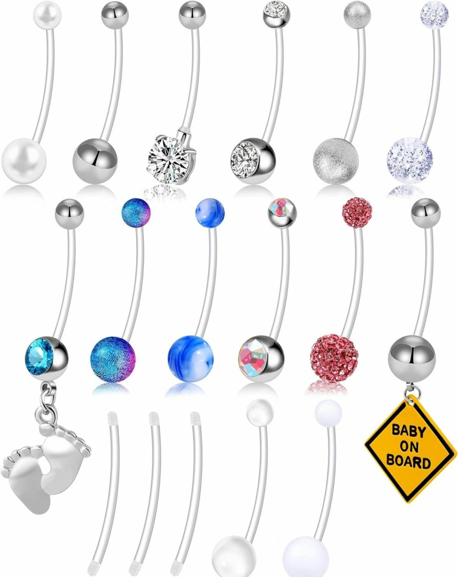 WINSENET Winsenet 17Pcs 14G Pregnancy Belly Button Rings Flexible Maternity Belly Rings 38Mm Long Clear Bar Pregnancy Belly Rings Sport Navel Rings For Women Mom | Body Piercing Barbells