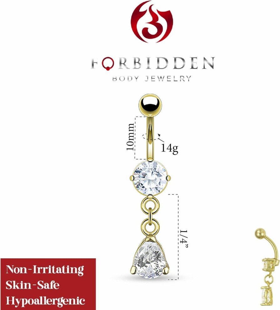 Forbidden Body Jewelry Forbidden Body Jewelry 14K Gold Plated Surgical Steel Clear Cz Crystal Tear Drop Dangle Belly Button Ring | Body Piercing Barbells