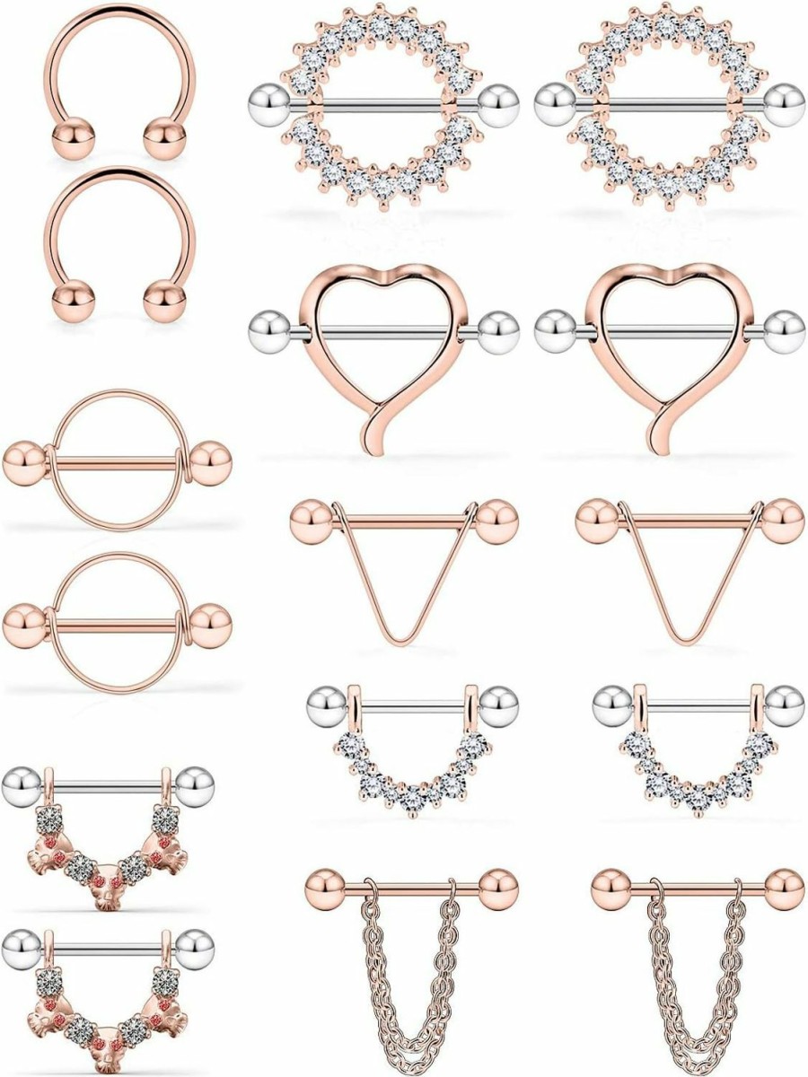 SCERRING Scerring 14G Nipple Rings Stainless Steel Nipplerings Cz Heart Tongue Shield Barbell Rings Retainer Body Piercing Jewelry For Women 9/16Inch 8 Pairs | Body Piercing Barbells