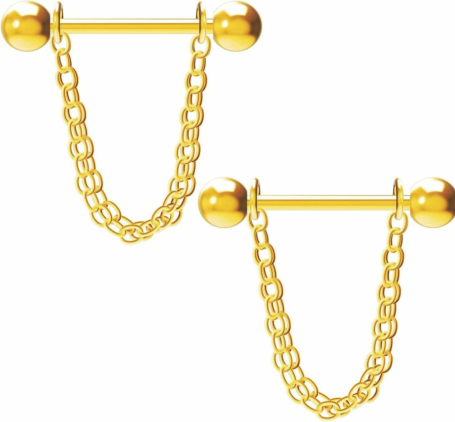 Oumval Oumval Steel Nipple Shield Rings Tongue Barbell Piercing Jewelry Barbell Rings Piercing Retainer Chain Dangle For Women Men 2 Pcs | Body Piercing Barbells