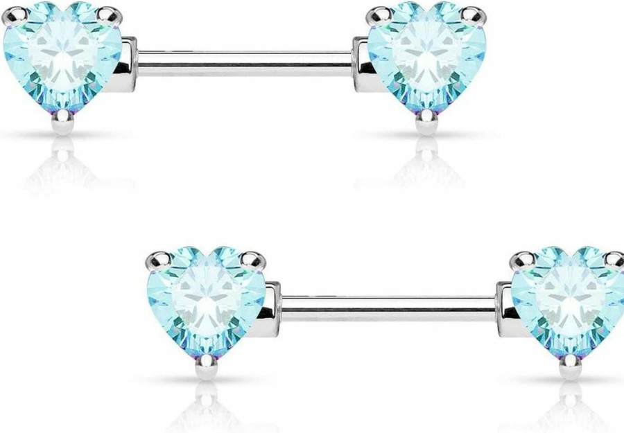 Forbidden Body Jewelry Forbidden Body Jewelry Pair Of Surgical Steel 1/2-5/8 Inch (12-16Mm) Cubic Zirconia Crystal Double Heart Nipple Barbells | Body Piercing Barbells