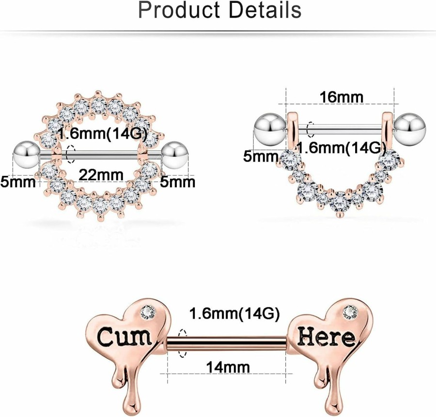 Cisyozi Cisyozi 14G Nipple Rings Chain Nipple Piercing Jewelry Stainless Steel Nipple Tongue Ring Barbell Piercing Jewelry For Women 14Mm Silver Rose Gold 9Pairs | Body Piercing Barbells