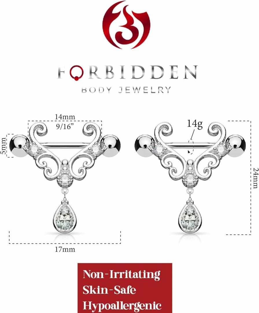 Forbidden Body Jewelry Forbidden Body Jewelry 14G 9/16 Inch (14Mm) Surgical Steel & Gold Plated Heart Filigree Cz Drop Partial Nipple Shield Barbells | Body Piercing Barbells