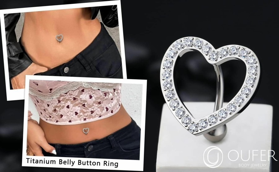 OUFER Oufer Titanium Belly Button Rings, Heart Shaped Reverse Belly Ring, Paved Cz Crystal Top-Down Belly Button Piercing, 14G Navel Rings For Women Men… | Body Piercing Barbells