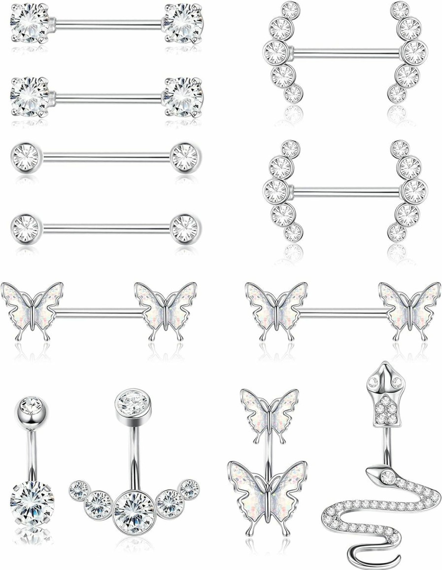 FINREZIO Finrezio 12Pcs 14G Nipple Rings Belly Button Rings For Women Stainless Steel Butterfly Cz Tongue Nipple Barbell Body Piercing Shield Ring Set | Body Piercing Barbells