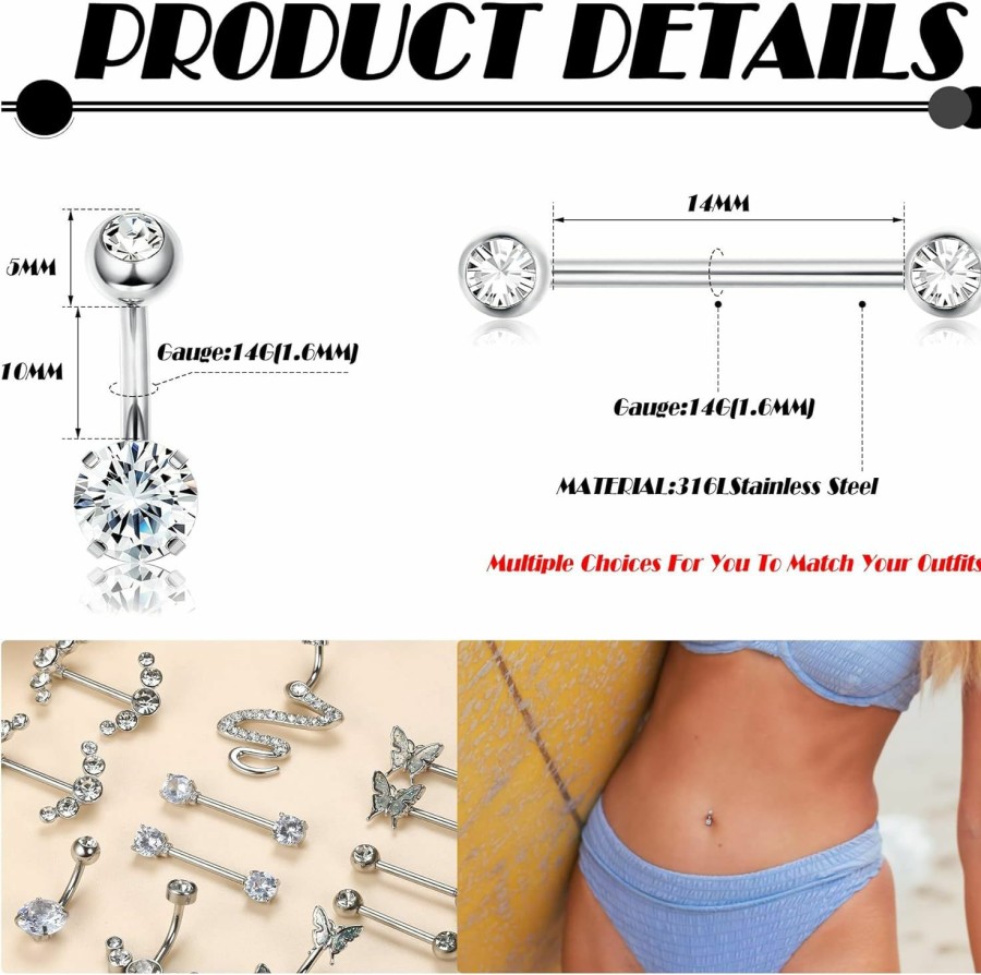 FINREZIO Finrezio 12Pcs 14G Nipple Rings Belly Button Rings For Women Stainless Steel Butterfly Cz Tongue Nipple Barbell Body Piercing Shield Ring Set | Body Piercing Barbells