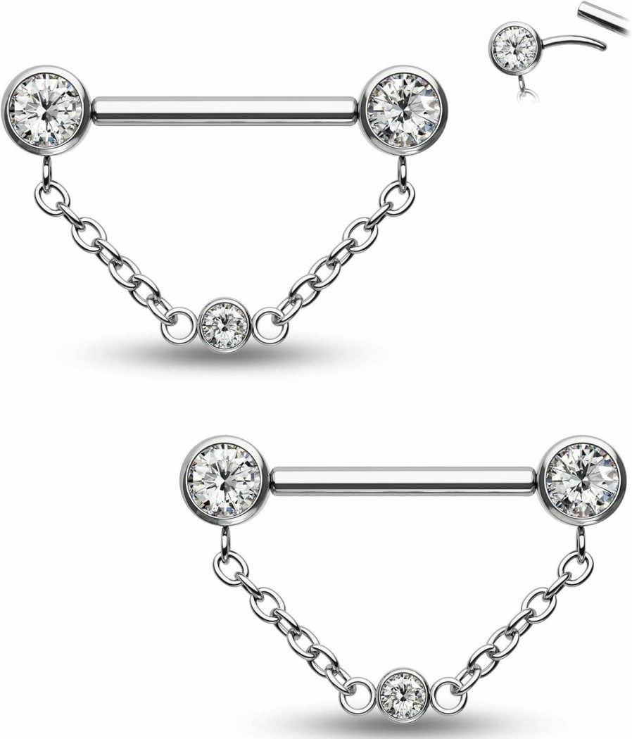 CM Crareesi Mania Cm Crareesi Mania Threadless Push-In Nipple Ring 14G Stainless Steel Chain Nipple Piercing Jewelry 2Pcs Nipple Rings For Women Dangle Cz Nipple Jewelry | Body Piercing Barbells