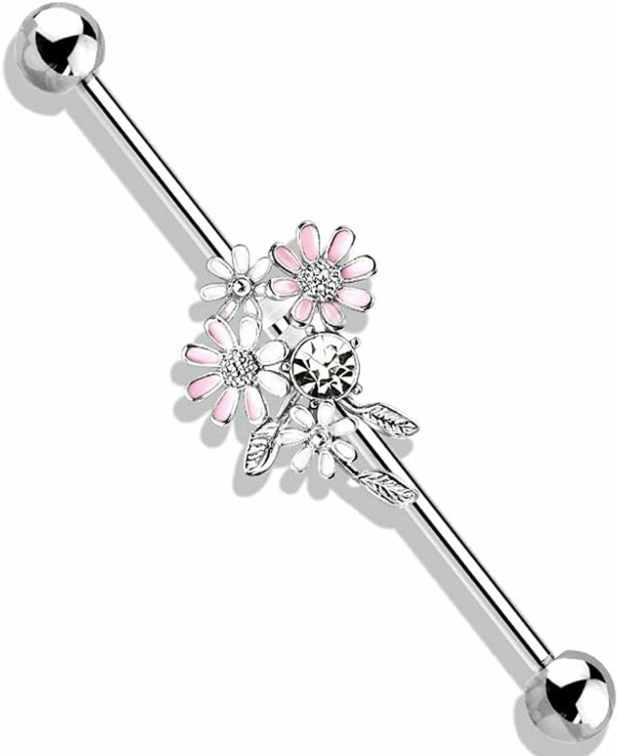 Pierced Owl Pierced Owl - 14Ga Stainless Steel Cz Crystal And Enamel Flower Bouquet Industrial Barbell | Body Piercing Barbells