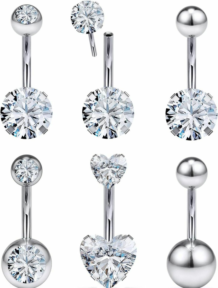 Vsnnsns Vsnnsns Push In Belly Button Rings Belly Rings For Women Stainless Steel Cz 14G Belly Button Piercing Jewelry Belly Bars Curved Navel Ring Barbell Body Jewelry Piercing For Women Men 6Pcs | Body Piercing Barbells