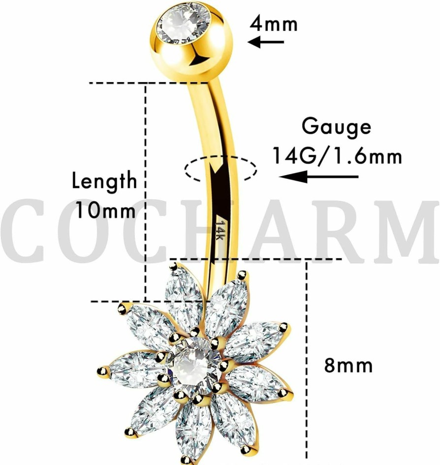 COCHARM Cocharm 14K Solid Gold Flower Belly Button Rings For Women Gold 14K Real Gold Petal Navel Rings Yellow Gold Belly Piercing Jewelry Hypoallergy Belly Bar | Body Piercing Barbells