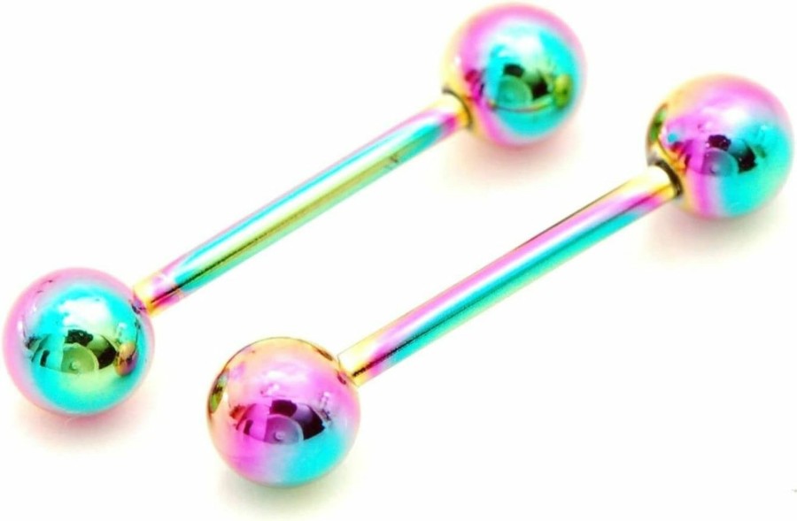 Generic Pair 14G 3/4\" Rainbow Titanium Steel Tongue Nipplerings Nipple Piercing Barbell Style 88888-284 | Body Piercing Barbells