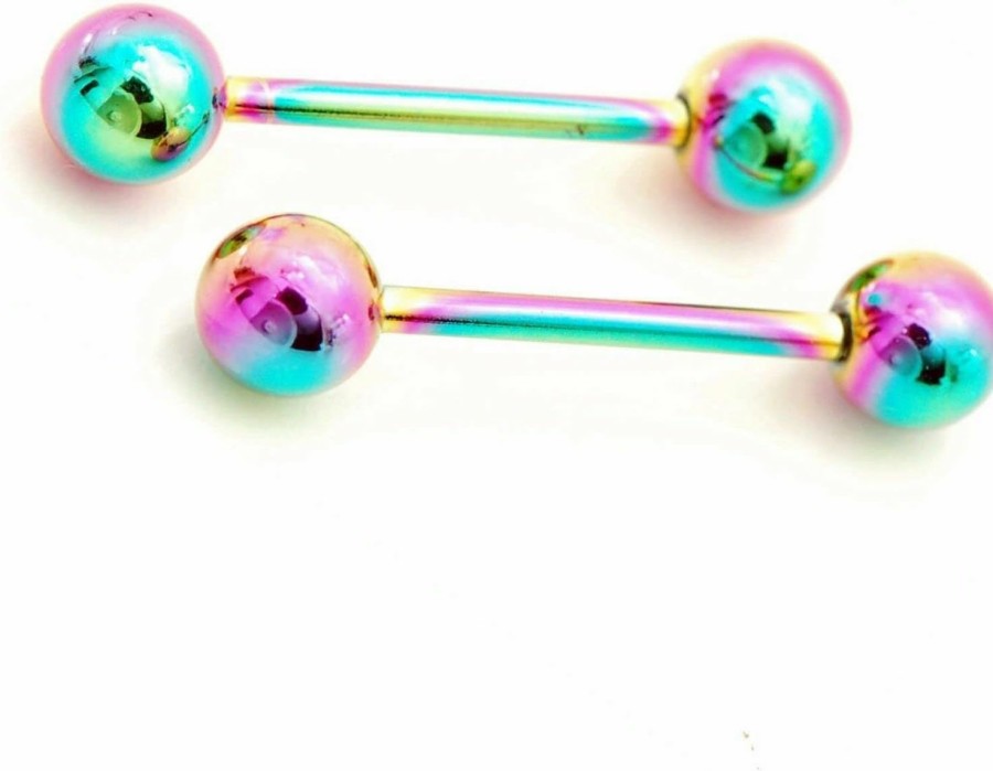 Generic Pair 14G 3/4\" Rainbow Titanium Steel Tongue Nipplerings Nipple Piercing Barbell Style 88888-284 | Body Piercing Barbells